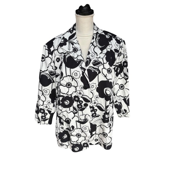 NWT Lafayette 148 Linen Blend Black White Floral 3/4 Sleeve Buttoned Blazer - 22 - Picture 2 of 8